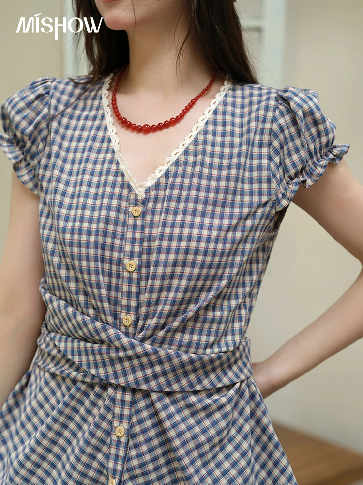 MISHOW Women's Lace V-neck Puff Sleeves Plaid Blouses 2026 Summer Fashion Button Belt Waist Tops Female Clothing MXE36X1814 view 3