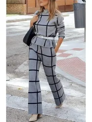 Autumn Winter Fashion New Semi High Neck Long Sleeve Plaid Print Trousers Women Suits Female Elegant Pocket Office 2 Piece Set