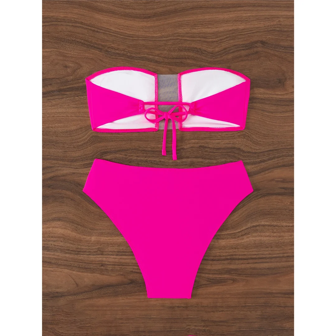 Rosa Sexy Bandeau Mesh Damen-Badeanzug, zweiteiliger Bikini mit hoher Taille, Badebekleidung, Badeanzug, Schwimmanzug V7063 – Detail 6