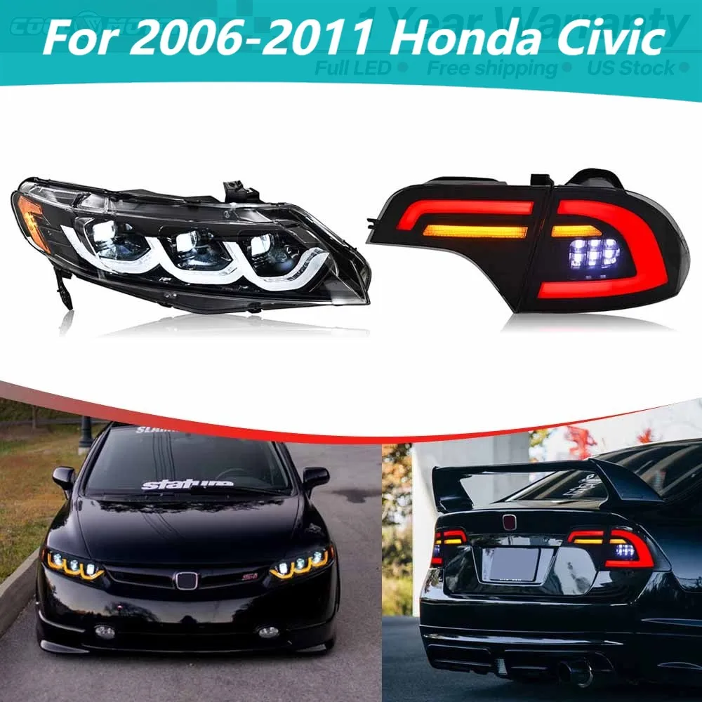 

LED Headlight Assembly For 2006-2011 Honda Civic 4Dr Sedan Projector LED Headlights+Tail Brake Lights