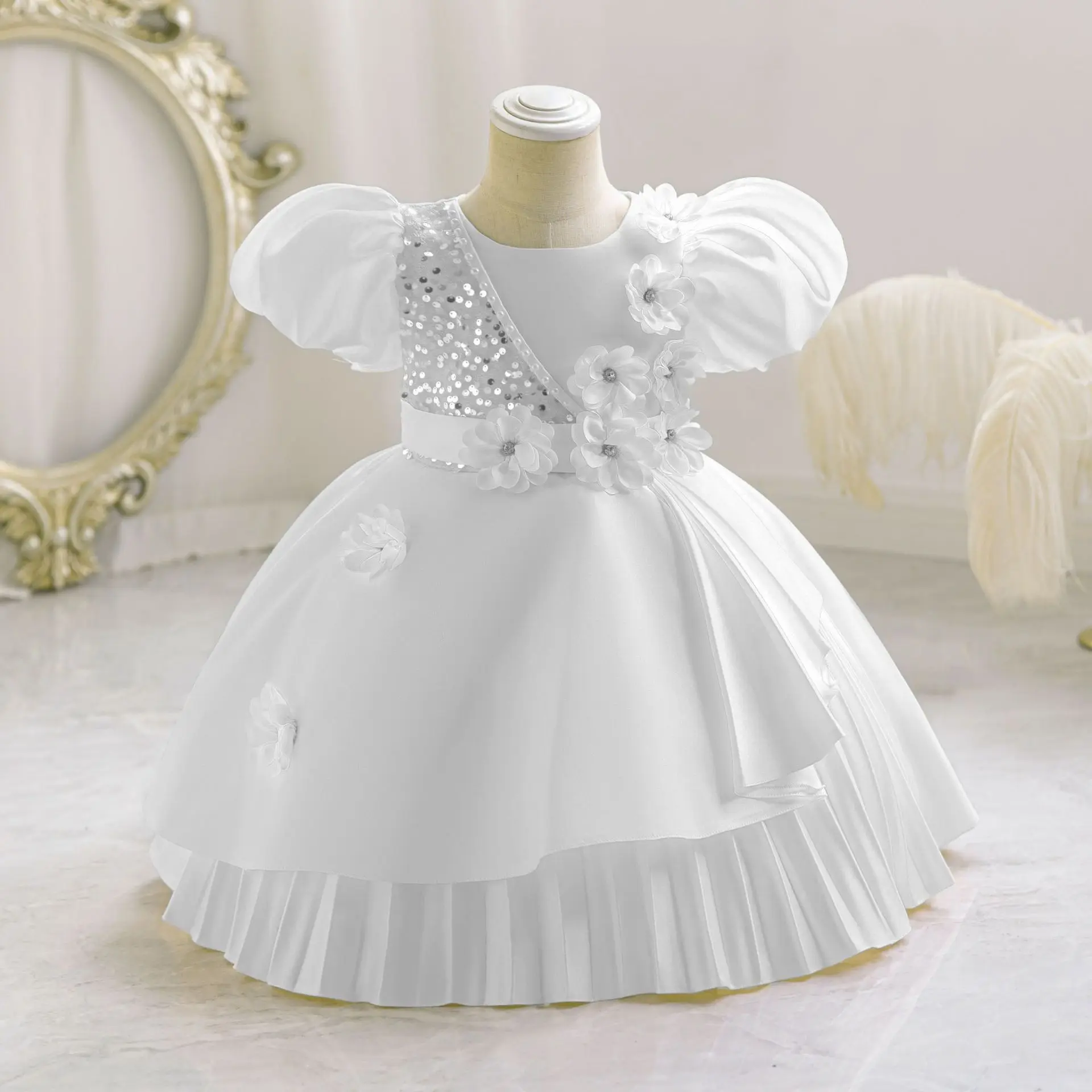 HETISO Flower Appliques Wedding Birthday Dresses For Girls Satin Sequined Christening Party Gown Kids Child Pageant Clothes 3-10