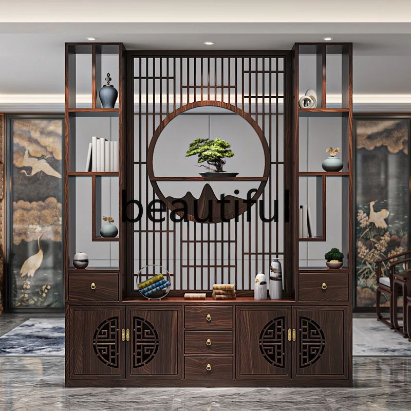 New Chinese style screen partition cabinet restaurant porch shielding rack solid wood grille locker