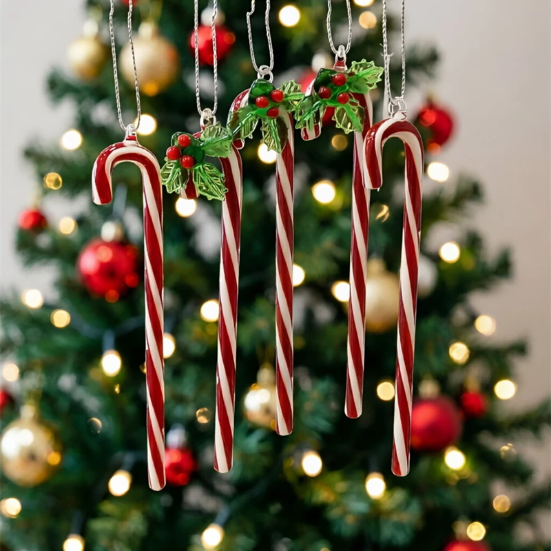 3Pcs Cute Christmas Candy Cane Glass Pendant Decorative Xmas Tree Ornaments for Outdoor Garden Holiday Party Hanging Accessories