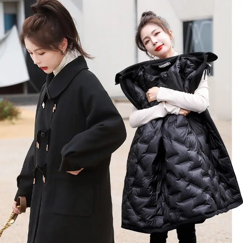 

Women Woolen Jacket Autumn Clothing Mid-Length Lacing Strap Wool Blend Coat Slim Female Paddded Outerwear Blends Overcoat Q308