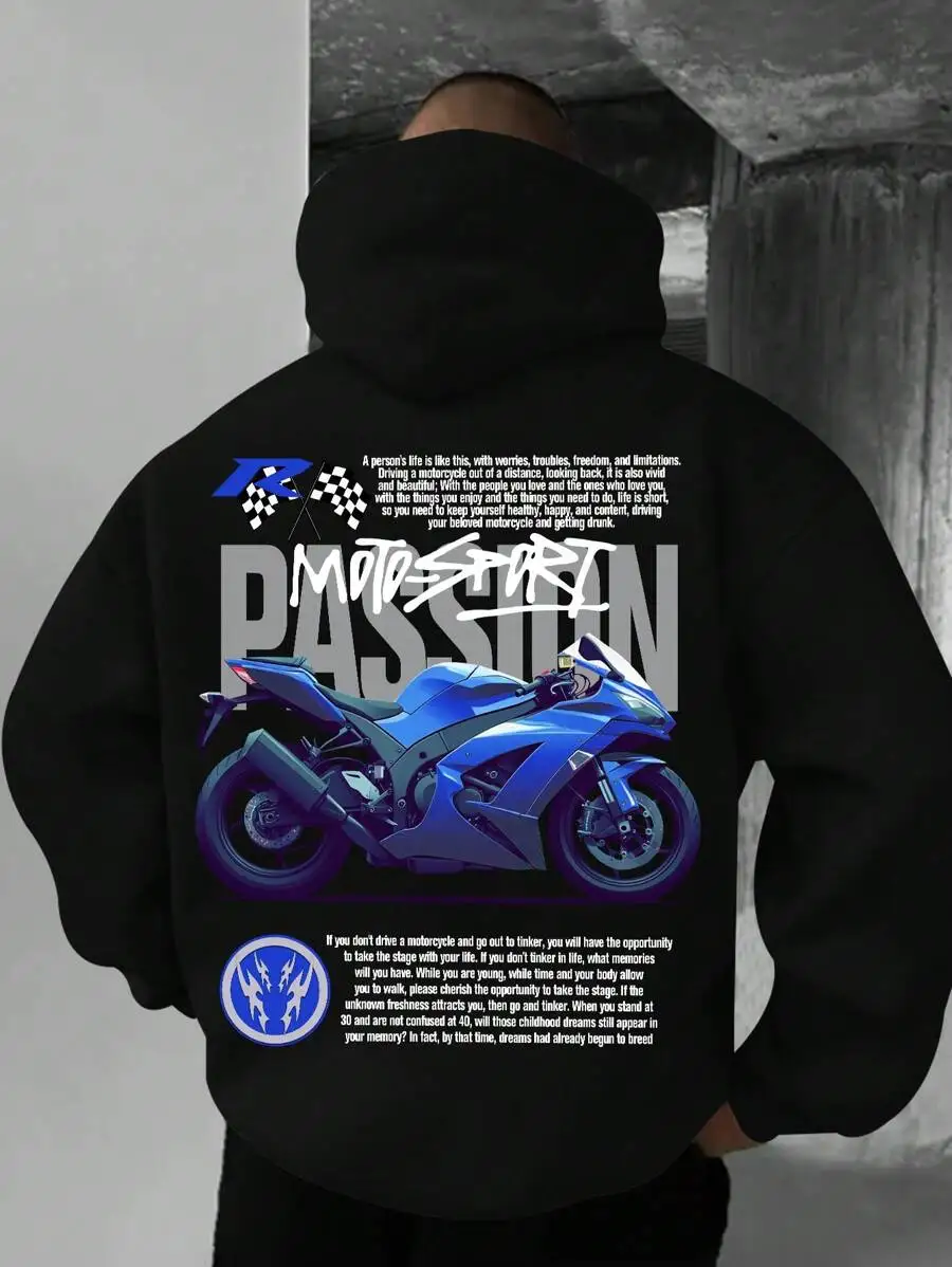 Men's Creative Motorcycle Print Casual Sports Commuting Slim Fit Versatile Letter Print Long Sleeve Pullover Hooded Sweatshirt