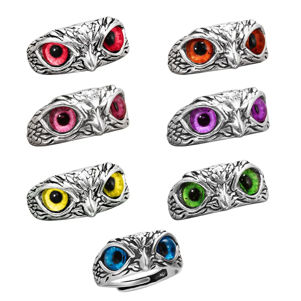 Vintage Owl Rings For Women Men Colorful Adjustable Opening Alloy Blue Eyes Animal Couple Ring Versatile Fashion Jewelry Gifts