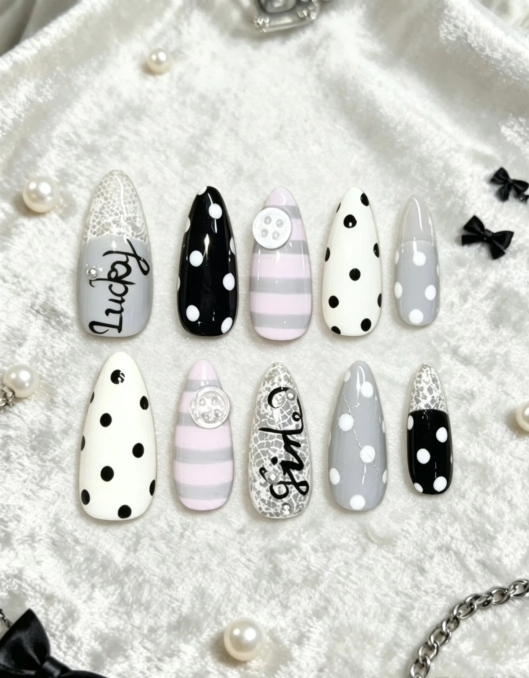 100-Piece Almond-Shaped Set, Black and White Polka Dots, Pink Stripes, 3D Button Decoration, Lucky Girl Letter Fake Nails