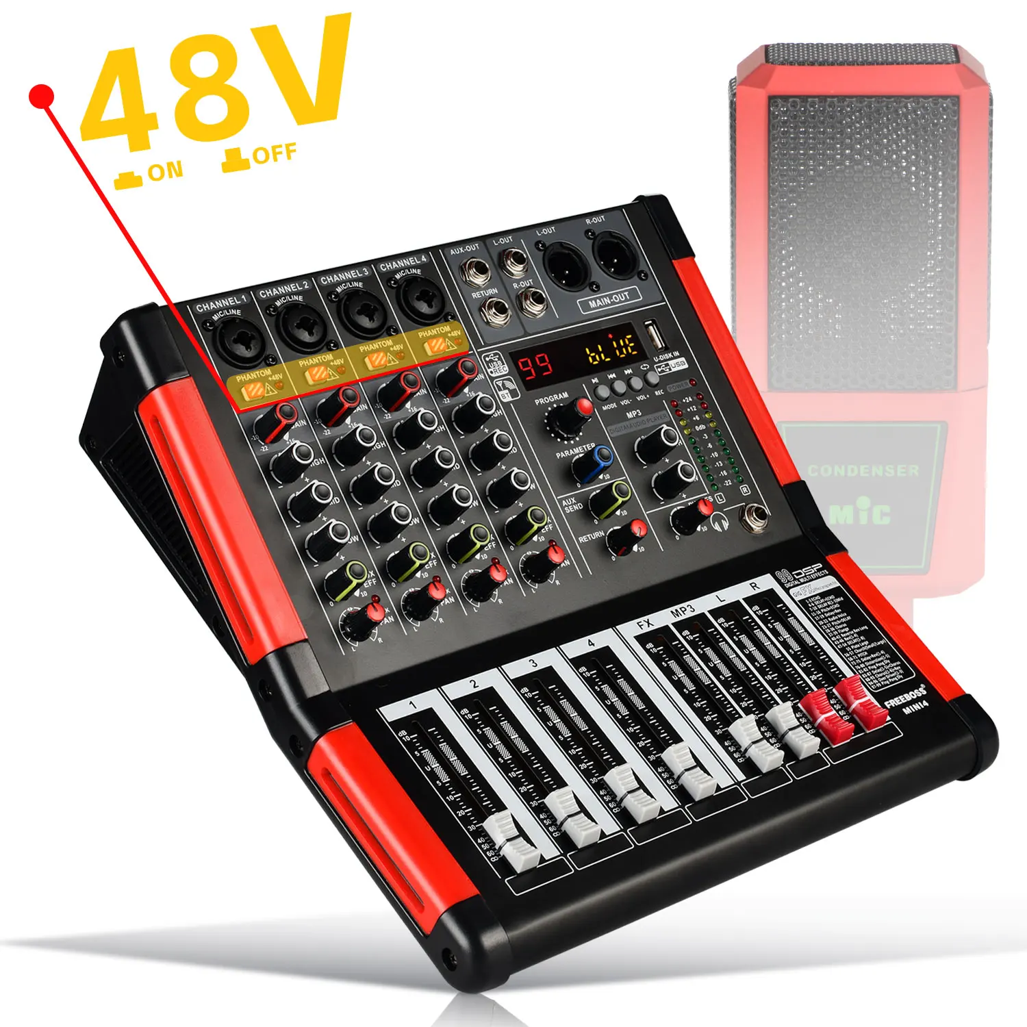 4-канальный звуковой микшер FREEBOSS, 99 цифровых эффектов, USB, Bluetooth, 48 В, микшерная консоль для церкви, Домашнего Караоке, DJ MINI4