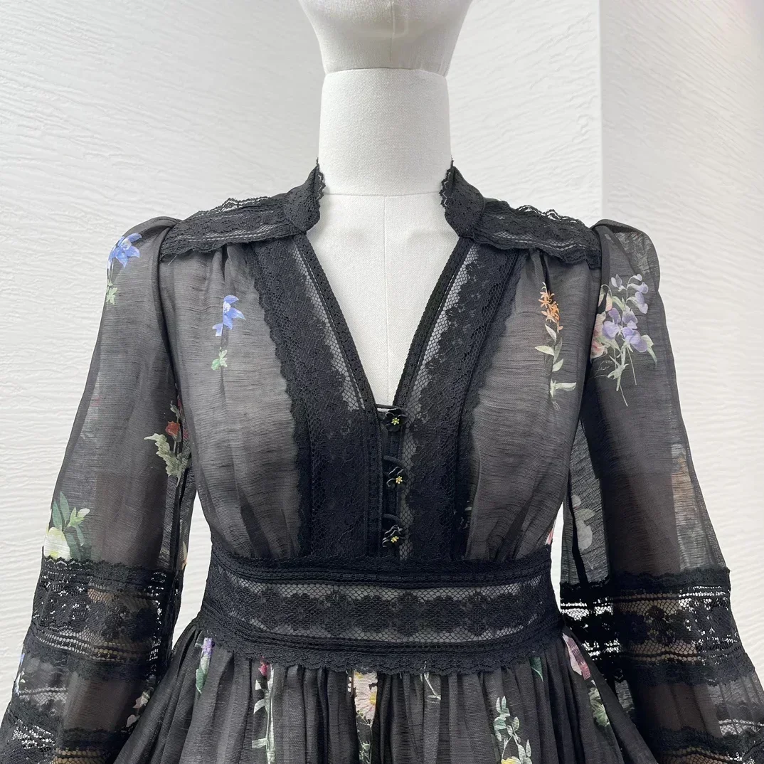 2024 seda nueva Lino Primavera Verano negro estampado Floral manga larga encaje Patchwork ahueca hacia fuera el Mini vestido blanco para las mujeres