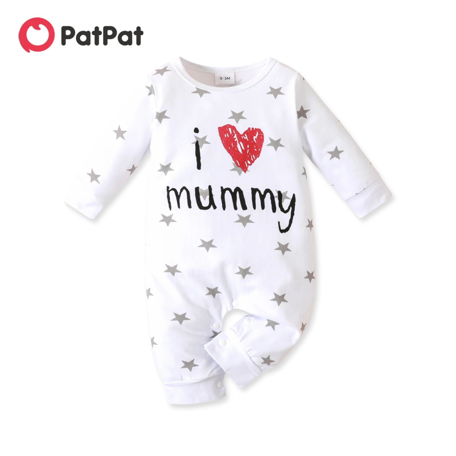 PatPat-Mono de manga larga para bebé, niño y niña, 95% algodón, estampado de letras de corazón de amor, estrellas/rayas, alta calidad