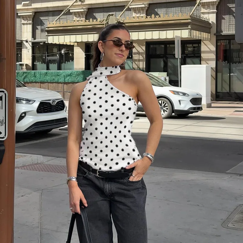 

Sexy Polka Dot Chiffon Camisole Women Slanted Shoulder Sweetheart Neck Stretch Club Party Cami Top