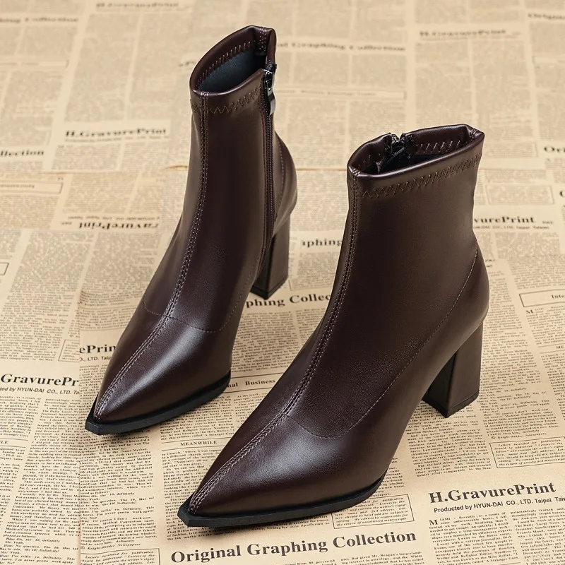 Bottines Vintage à bout pointu pour femme, chaussures Sexy à talons épais, Style de rue, robe de soirée, Banquet, automne et hiver