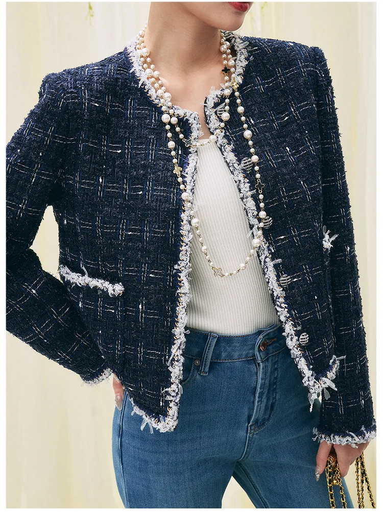 Women Tweed Short Jacket O Neck Fringe Trim Long Sleeve Elegant Cropped Outerwear Female Commuter Party Coat