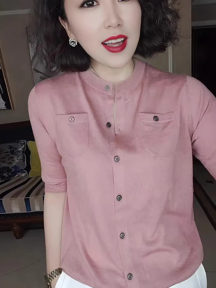 Удобный, приятный для кожи круглый трикотаж Ne Knitted Ice Silk ort Sve Повседневный трикотаж Женский летний дышащий трикотаж на одной пуговице...