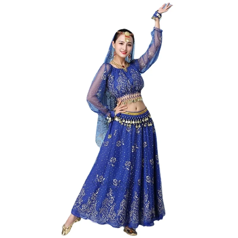 Women Indian Dance Sari Belly Dance Adult Bollywood Dress Costume  Outfit Performance Clothes Chiffon Long Sleeve Top Belt Skirt