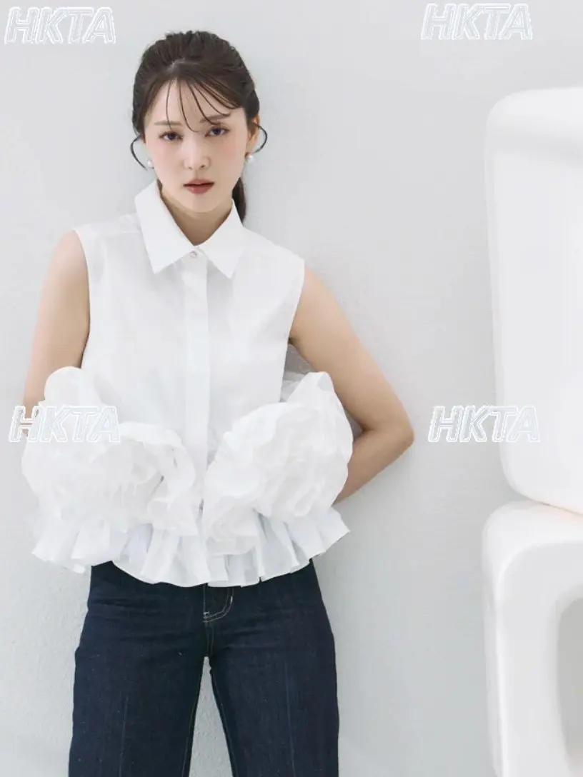 Japanese Commuter Temperament Three Dimensional Flower Sleeveless Shirt Autumn New Fashion Sweet Lolita Blusas White Top Women