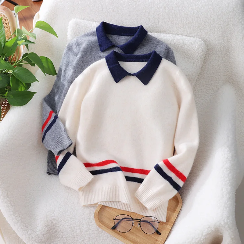 Turn-Down Collar  Unisex Style 100%  Merino Wool  Sweater Autumn And Winter  Pullover  Long Sleeve  Children's Clothing Tops view 2