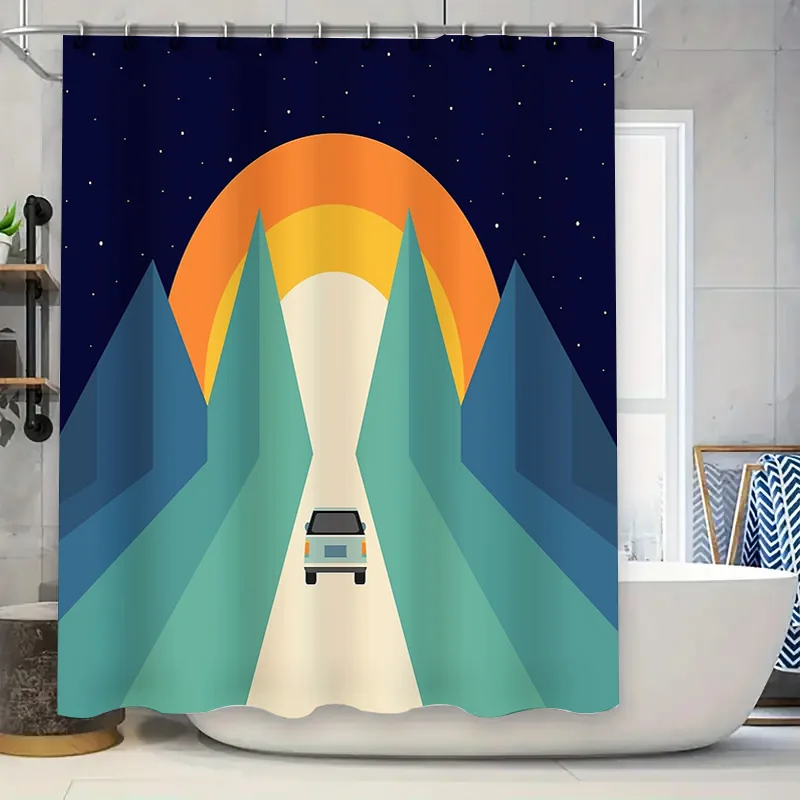 

Vintage Car Mountain Landscape Shower Curtain Scenic Nature Forest Backdrop Waterproof Bathroom Decor