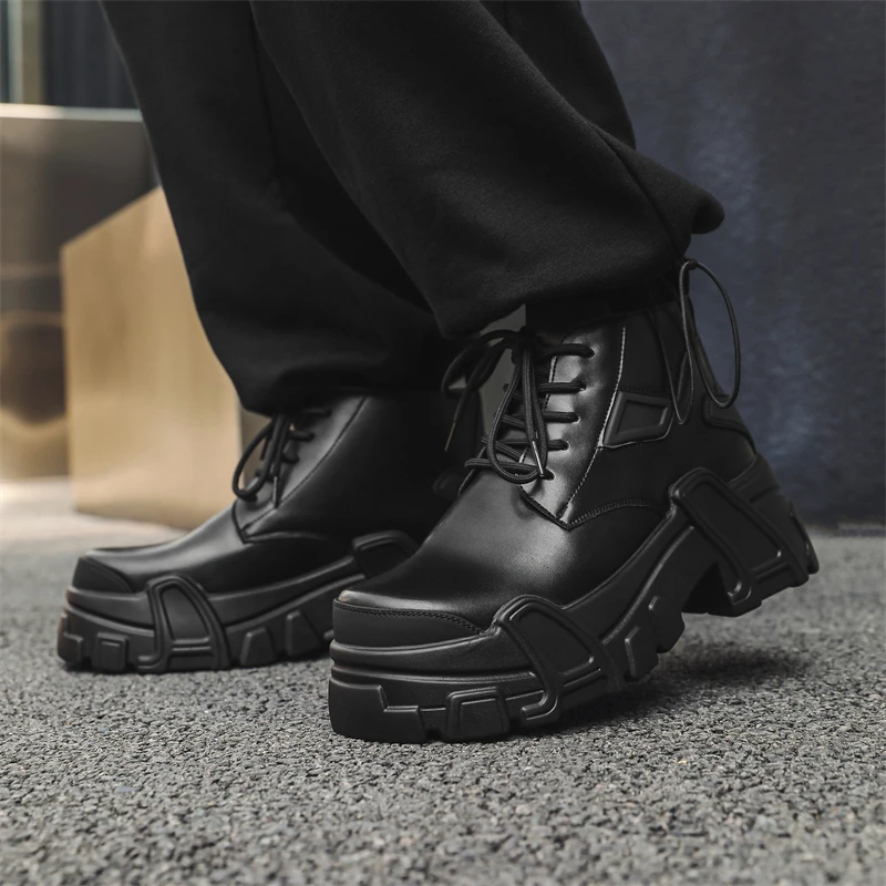 Hight Quality Teenagers Street Sport Style Leather Sneakers For Men's Black Hombre Daily Casual Dress Height Increasing Shoes