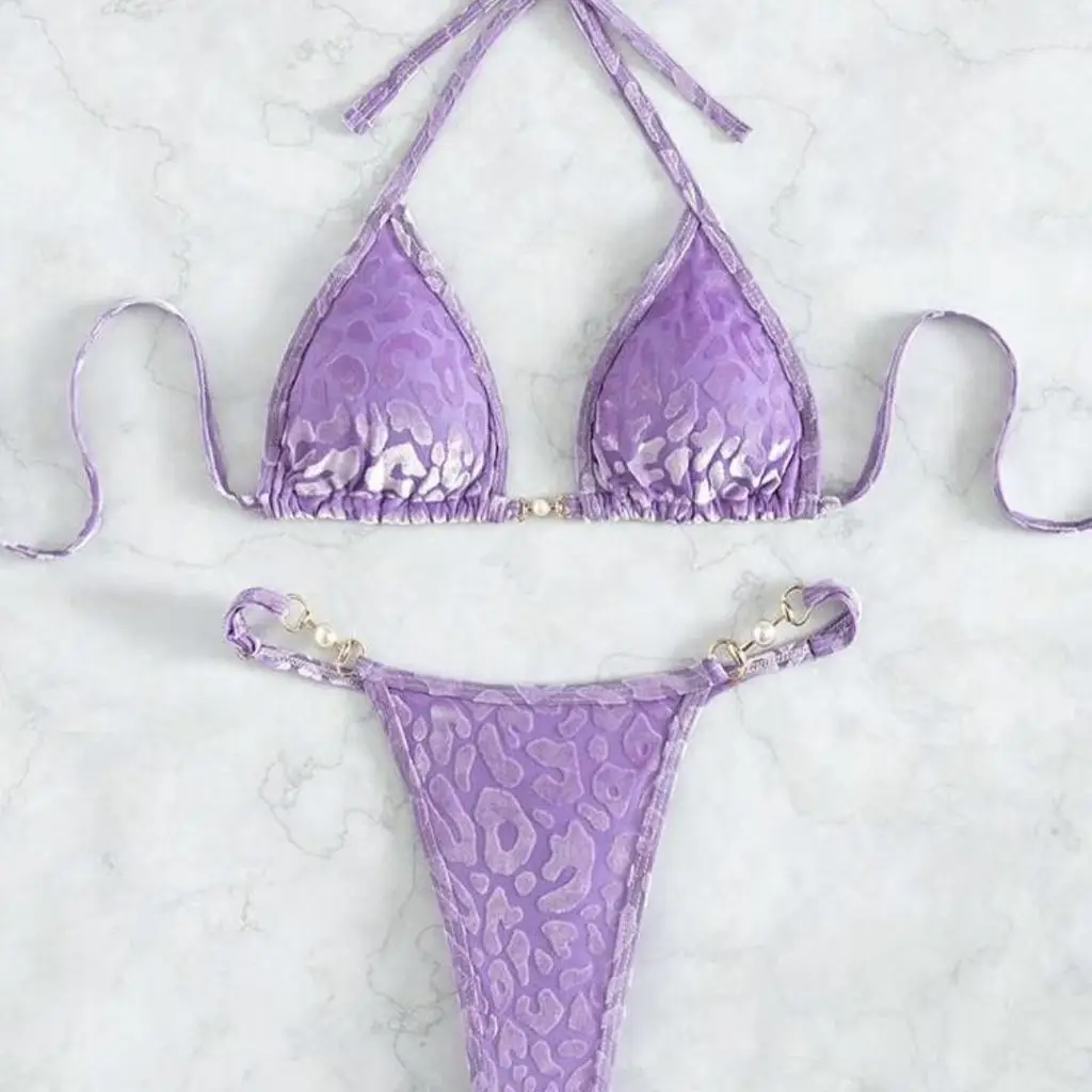 

Women Purple Leopard Print Triangle Bikini Set with Pearl Metal Buckle Decor Halter Tie Top Thong Bottoms Summer Beach Swimwear