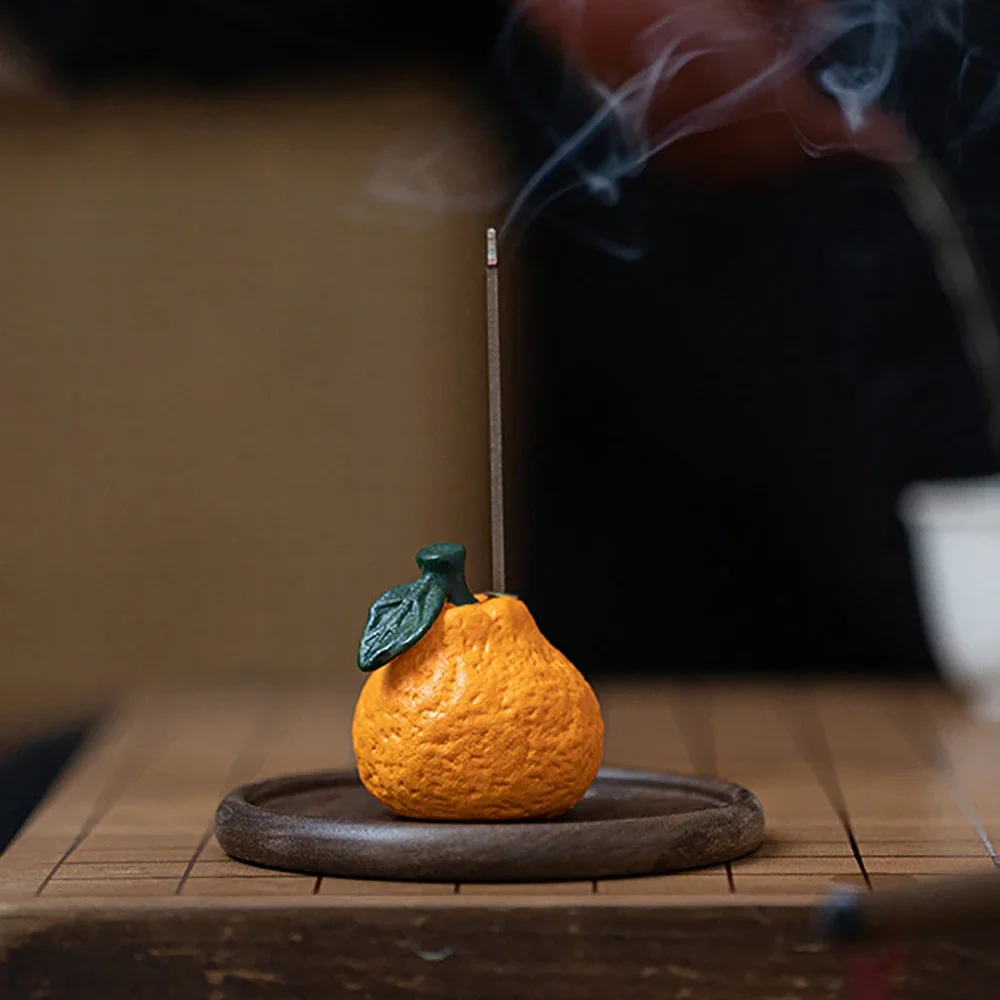 1pc Creative Ceramic Orange Incense Holder Creative Incense Burner Wooden Incense Plate Ash Catcher Buddhism Supplies Home Decor