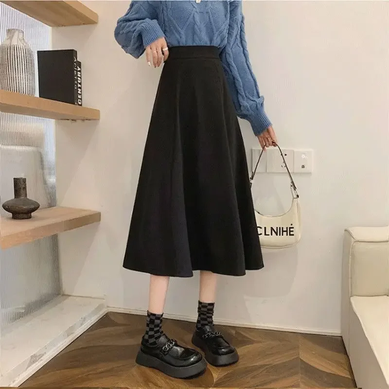 Herfst Wollen A-lijn Rok voor Vrouwen Mori-meisje Hoge Taille Faldas Largas Streetwear Temperament Zwarte Midi Rokken Casual klassieke