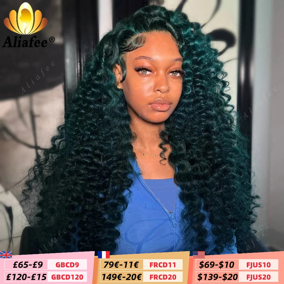 Dunkelgrüne, lockige Perücken mit 200er Dichte, 13x6 HD Lace Frontal Perücken, brasilianische Deep Wave Echthaar-Perücken, vorgezupfte Perücke