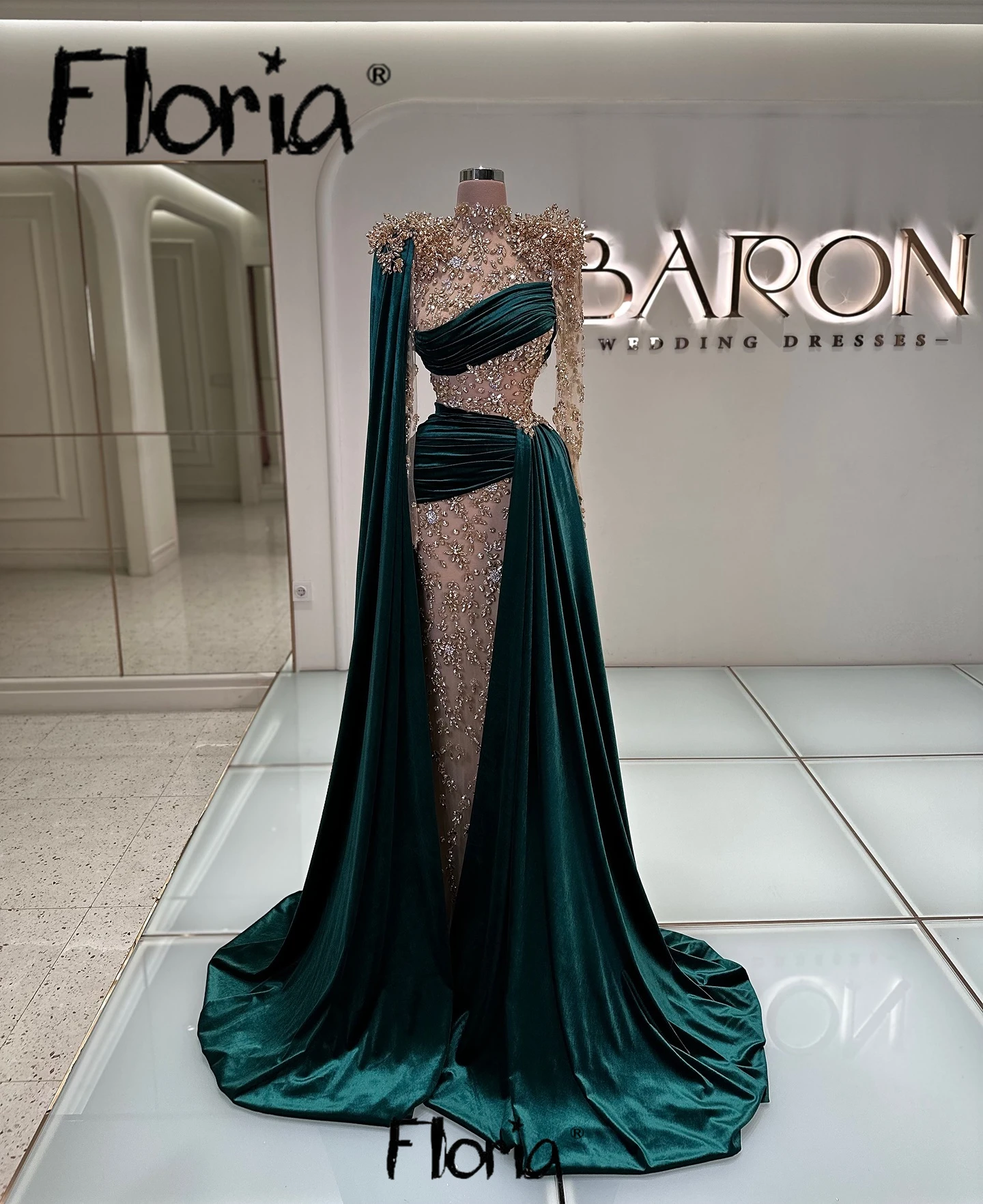 Exquisite Green Evening Dresses Long Cape Sleeve Mermaid Pageant Birthday Prom Party Gowns Muslim Vestidos De Noche Customized