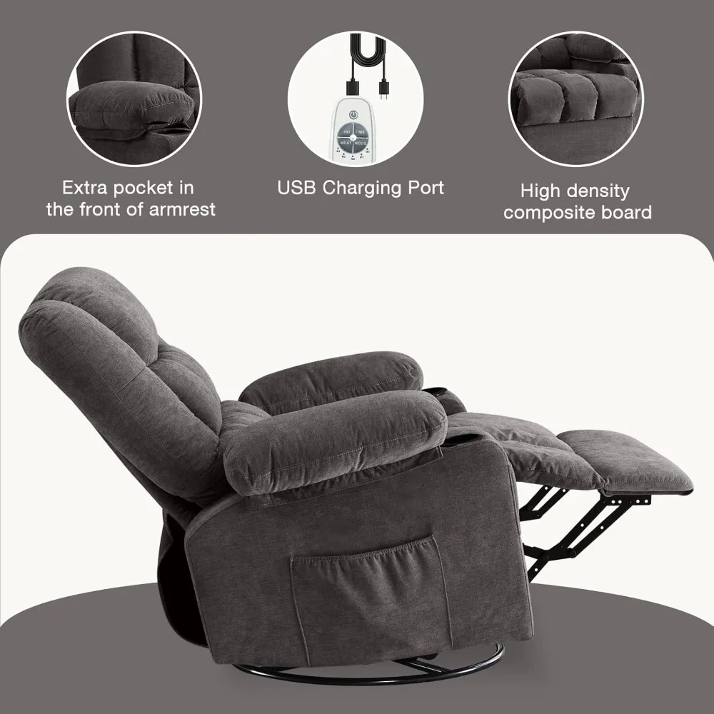 Oversize Swivel Rocker Recliner Chair with Vibration, Heat, Rocking Function,Side Pocket,2 Cup Holders, USB Port for Living Room