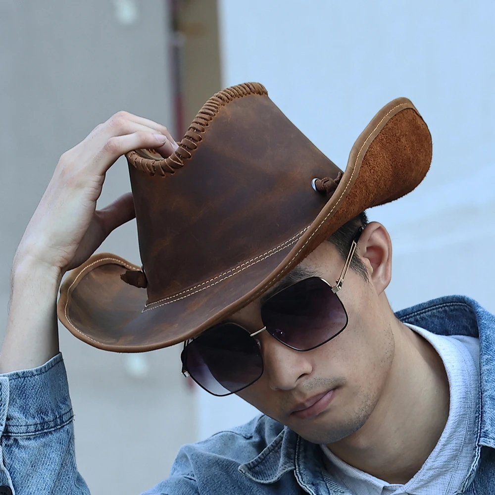 JOYIR Genuine Leather Men Western Cowboy Hat Vintage Cap Handcrafted Western Shapeable Durable Large 60CM Outback Hat New