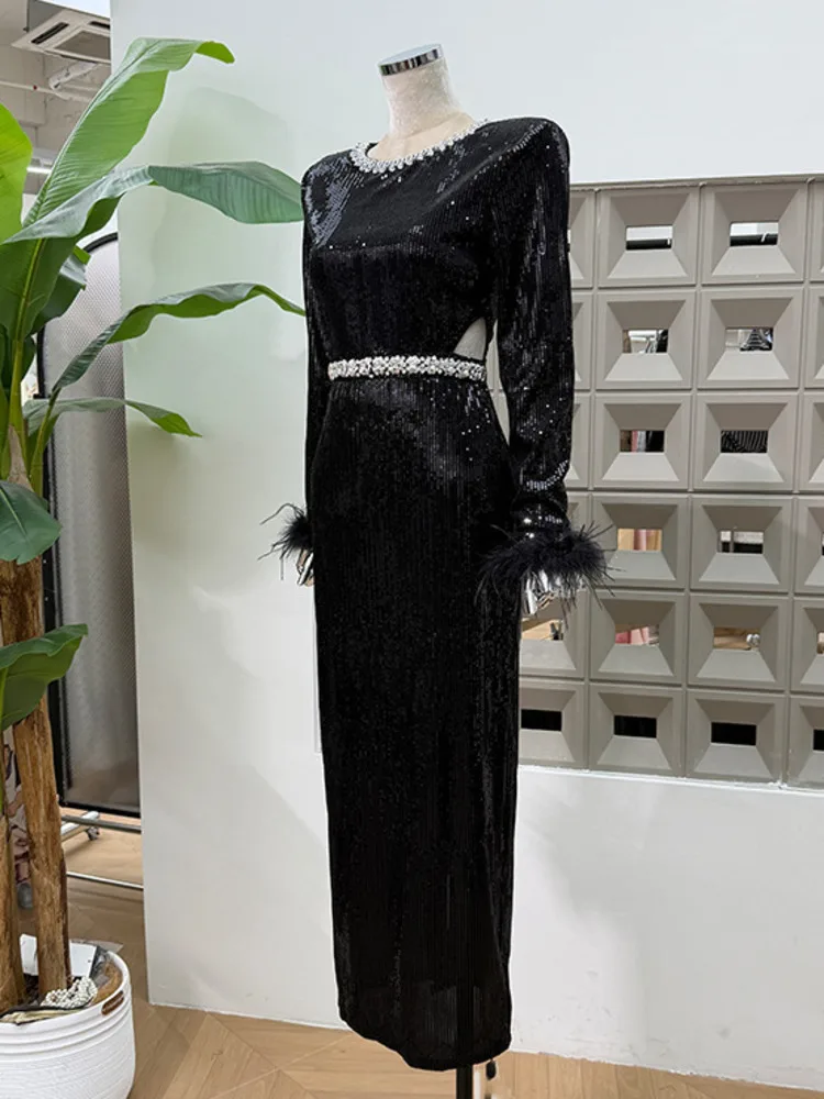 DFDG 2025 automne femmes concepteur robe à paillettes à manches longues col rond Sexy culture découpé moulante Maxi robe de soirée robe