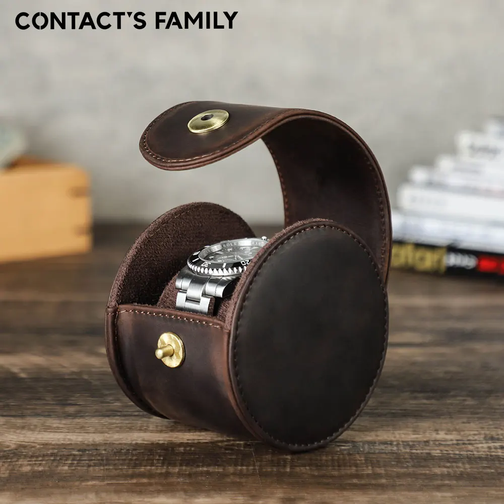 

CONTACT'S FAMILY Luxury Genuine Leather Single Slot Watch Case Handmade Round Storage Travel Watch Holder with Removable Pillow