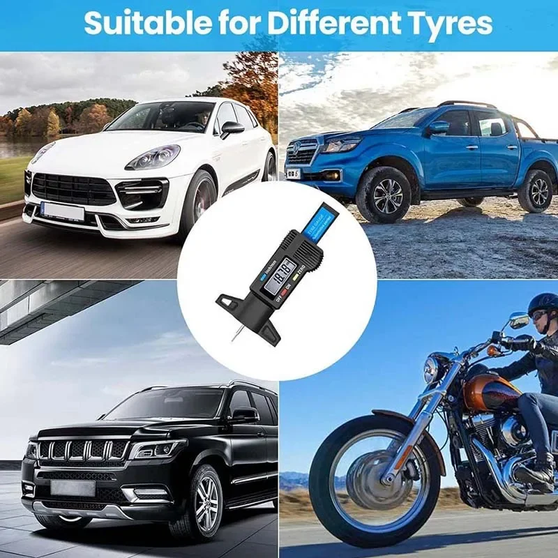 Cyfrowy miernik głębokości bieżnika opon motocyklowych i samochodowych, narzędzie pomiarowe, suwmiarka, mierniki grubości, wykrywanie bieżnika, klocki hamulcowe, szczęki hamulcowe.