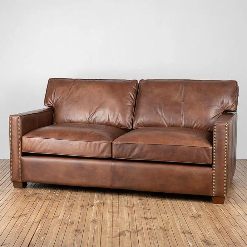 American Vintage L-shaped Wood Leather Three Seat Sofa Oil-waxed Living Room Villa Hotel Cigar Bar