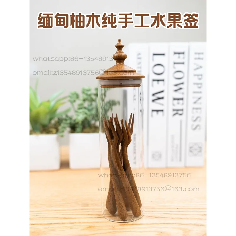 

Handmade simple teak two-tooth fork fruit fork small and cute solid wood fork dessert shop wooden