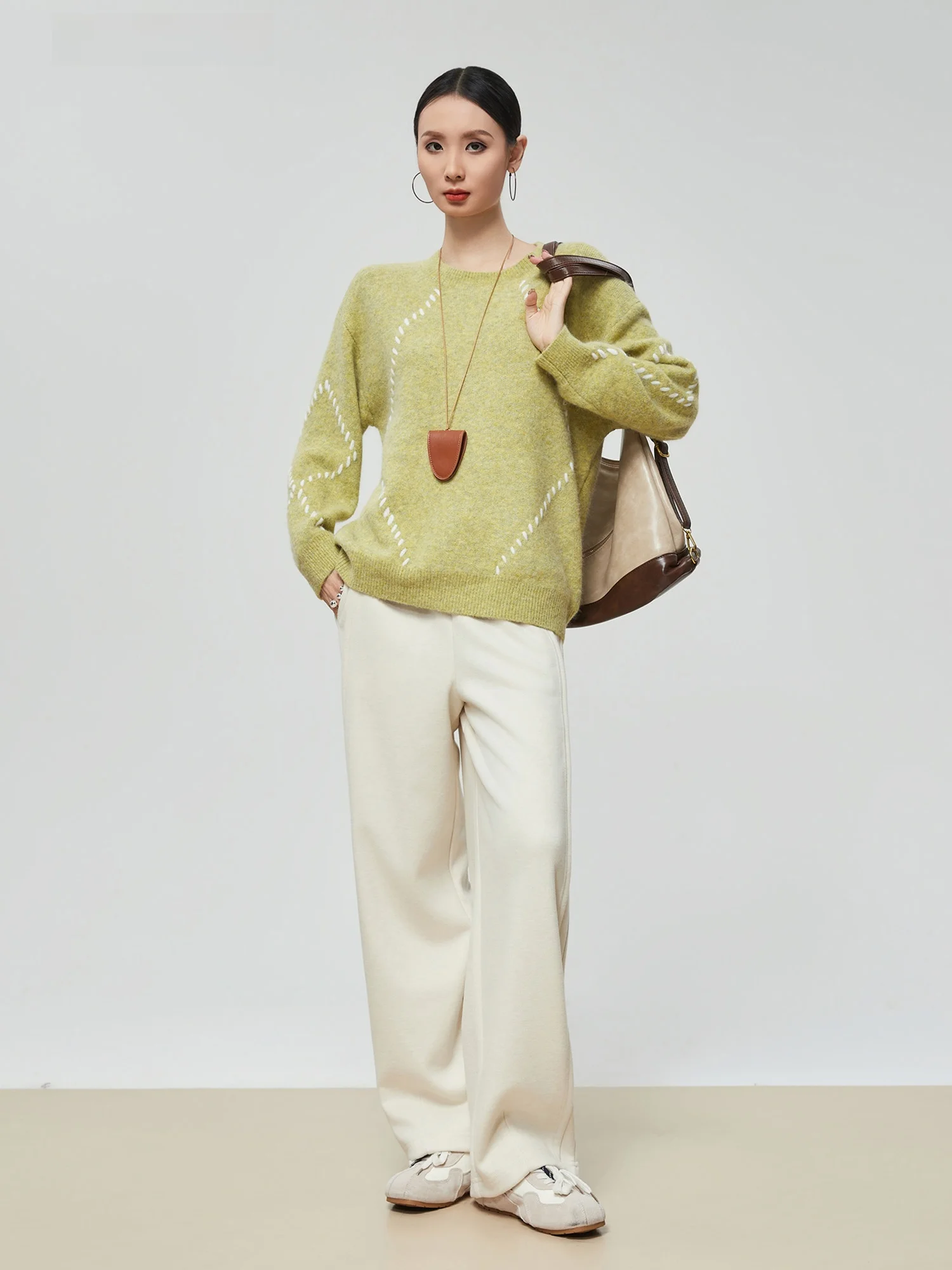 

Свободный длинный вязаный свитер-пуловер с круглым вырезом для женщин, с ромбовидным узором, зимний, новый, в корейском стиле, повседневный, модный