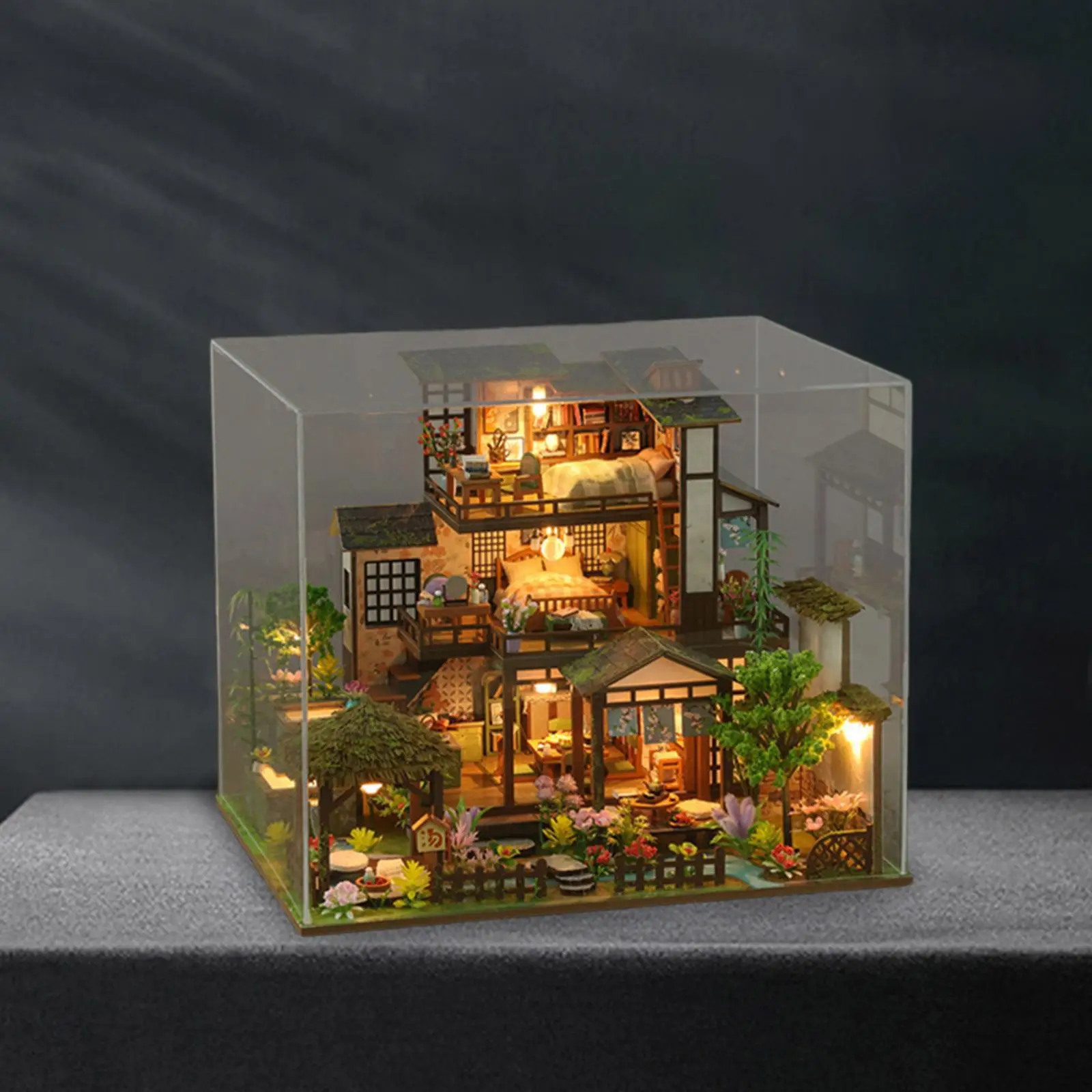 Dollhouse DIY Miniature Kits Tiny Building Kits Villa Dollhouse with Dustproof Cover Mini House Model for Boys Girls Adults Kids