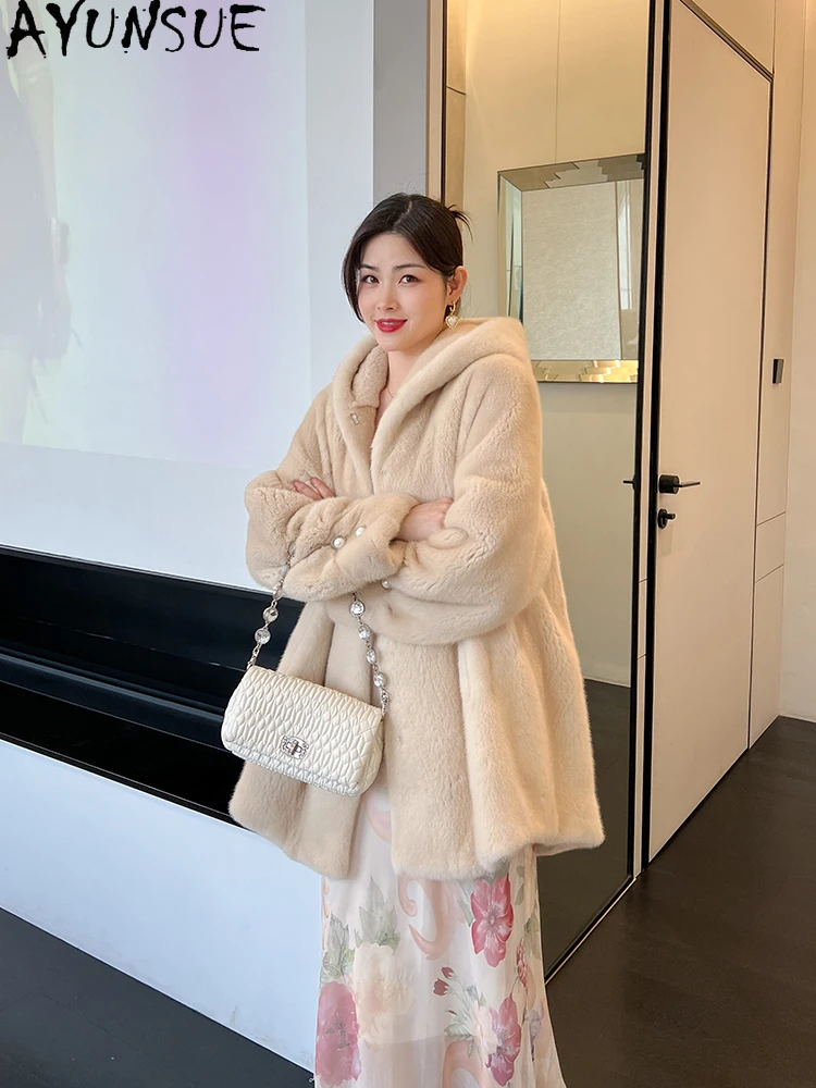 AYUNSUE Natürliche Samt Nerz Pelzmantel Frau Mit Kapuze Elegante Ganze Nerz Mantel für Frau Kleidung Hohe Qualität 2025, Abrigo Mujer