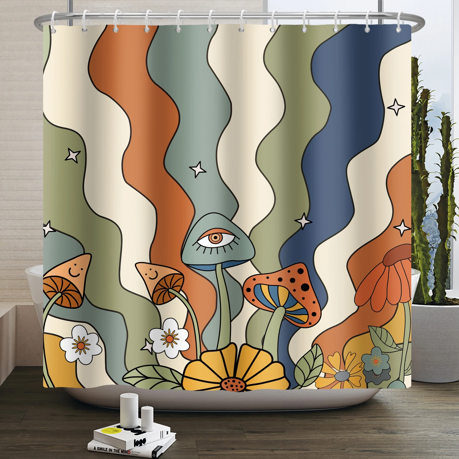 Vintage Rainbow Mushroom Shower Curtain Funny 70s 80s Retro Trippy Abstract Boho Floral Hippy Waterproof Bathroom Curtain Decor