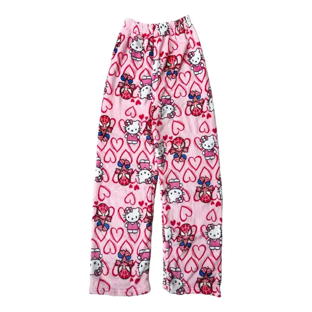 2025 New Y2K Hello Kitty SpiderMan Sleeping Pants Anime Pajama Pants Flannel Soft Casual Pants Cartoon Home Trousers Couple Gift