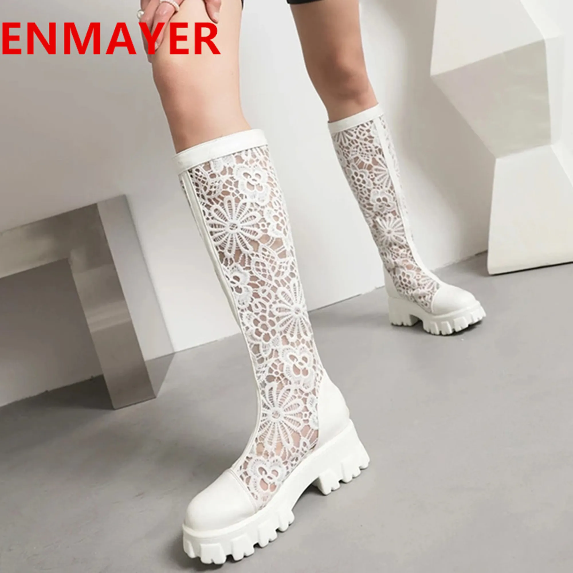 

Breathable Sexy Lace Pattern Stitching Pu Women's Knee Boots Polyurethane Sole Back Zipper Mesh Flower Summer Cool Long Boots