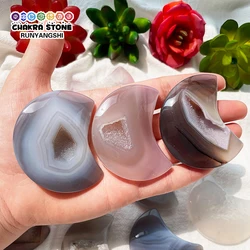 Beautiful 1pc Natural Agate Druzy Geode Moon Shape Specimens Carving Healing Crystal Energy Gemstones Crafts Ornament Gift