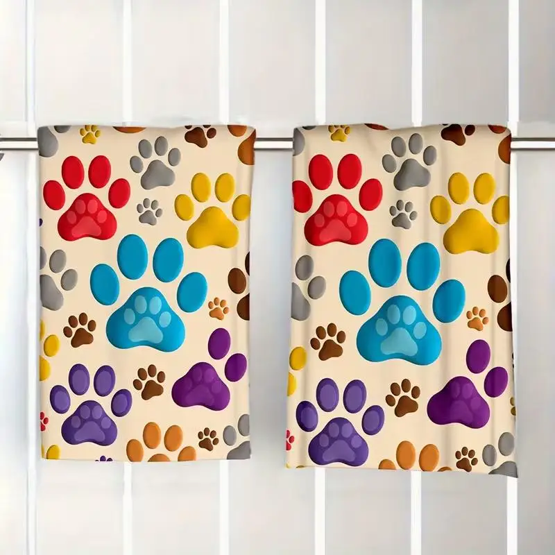 2 pieces, colorful puppy footprints, soft microfiber dishtowels, perfect for spring decoration\ gifts or check-in