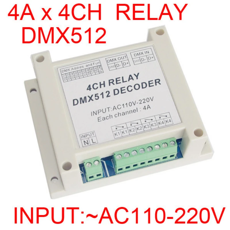 

New 1Pcs DMX-RELAY-4CH DMX 512 Relays Decoder 4 Channels Led Dimmer Controller Input AC110V-220V For Led Lamp Led Strip Lights