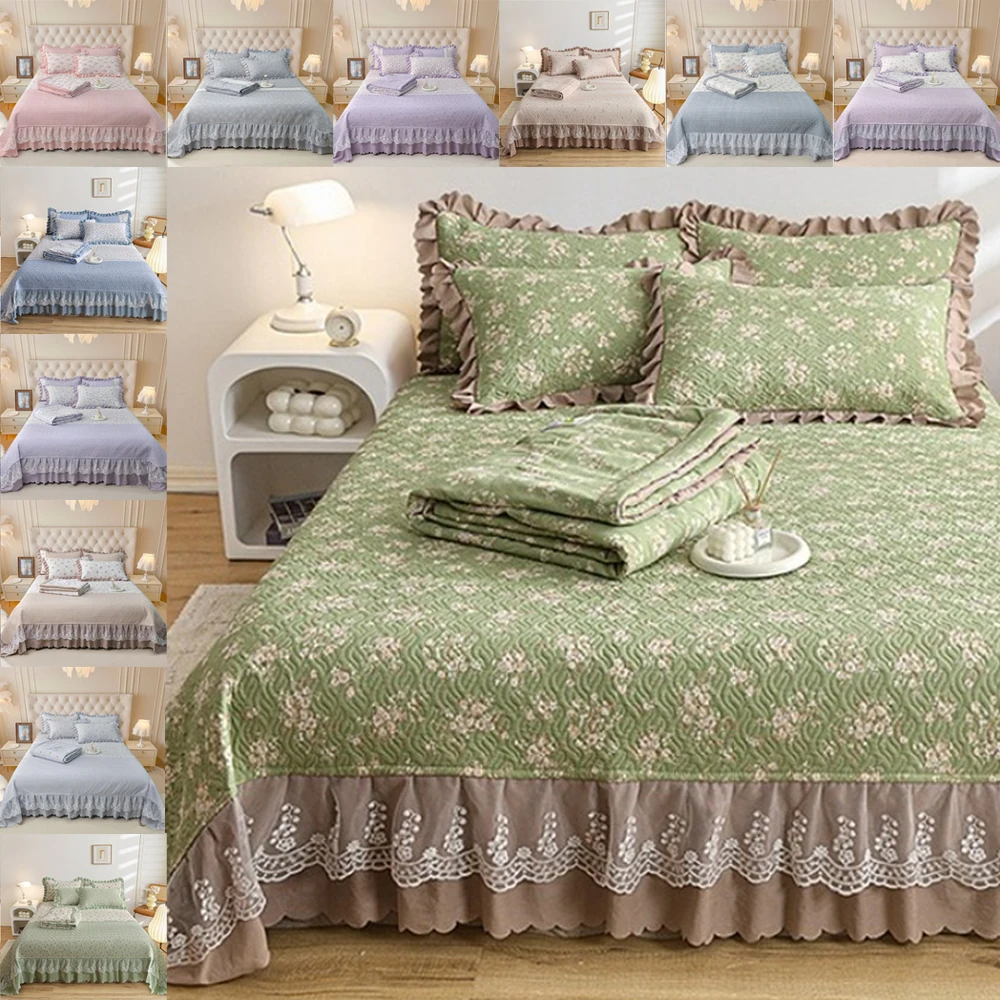

1PC Quilted Bed Cover Soft Bedspreads Thick Blanket with Lace Single/ Queen/ King Size Flower Printed Quilted Bedspread for Beds