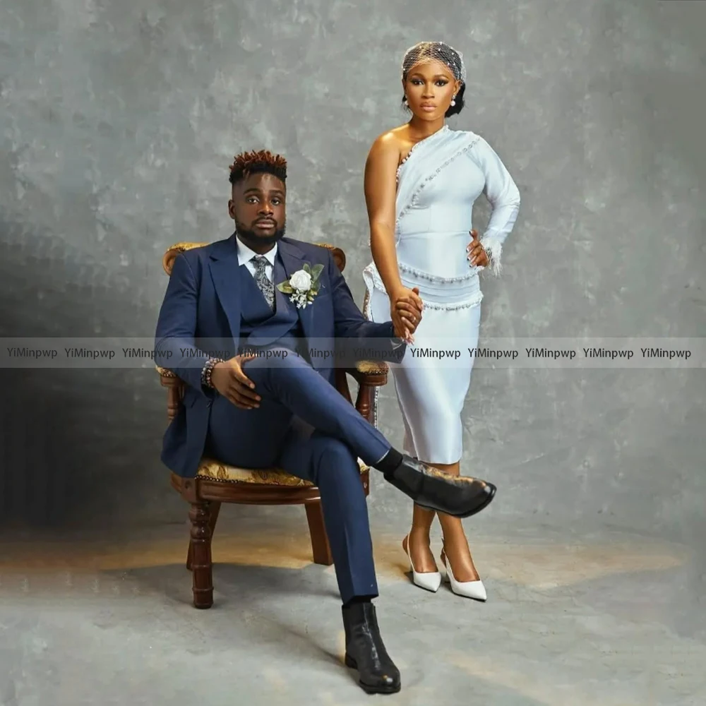 

Customized Beaded Luxury Wedding Dress For African One Shoulder Pleat Feature Tea-Length Satin Mermaid Wedding Dress 2025 Bride