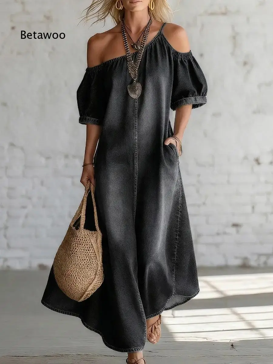 Cold Shoulder Denim Maxi Dress For Women Puff Short Sleeve Loose Full Length Dress With Side Pockets For Weekend Travel