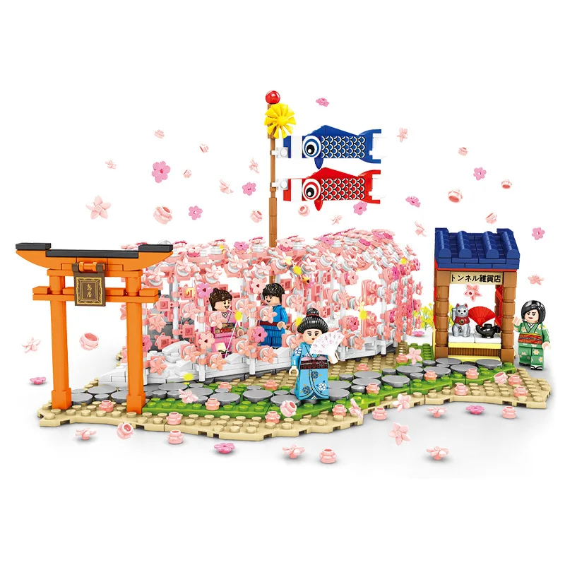 SEMBO-Sakura Street View Building Blocks, City Cherry Blossom, Japanese Sakura Tree, DIY House, Mini Model, Children Toys