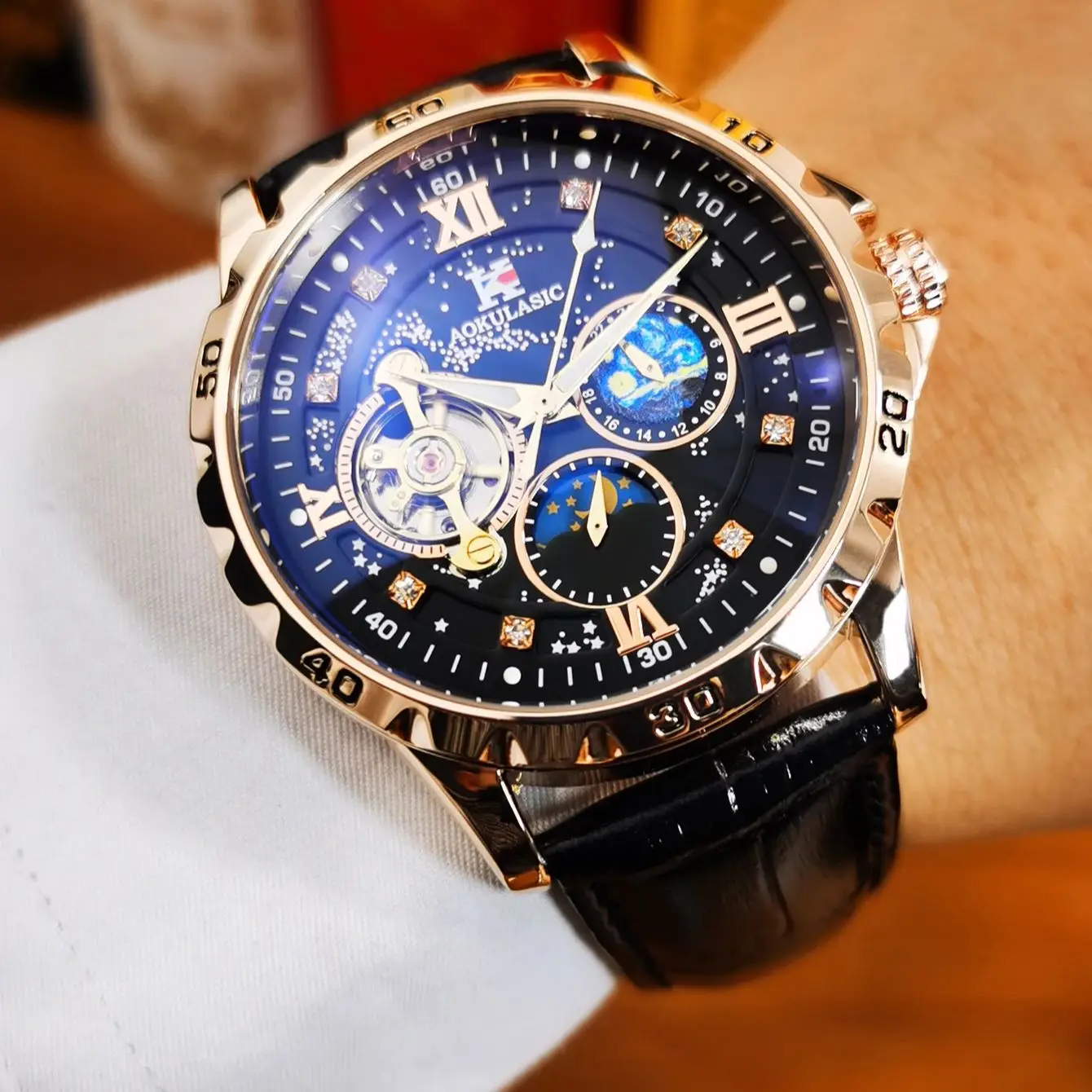 

AOKULASIC Роскошные автоматические механические часы с турбийоном и скелетом для мужчин, светящийся дизайн, кожаный стальной ремешок, деловые часы, новинка