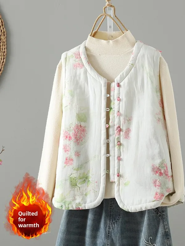 

Теплый хлопковый тюнет-жилет большого размера, женская осенняя модная верхняя одежда с вышитым принтом и круглым вырезом на пуговицах